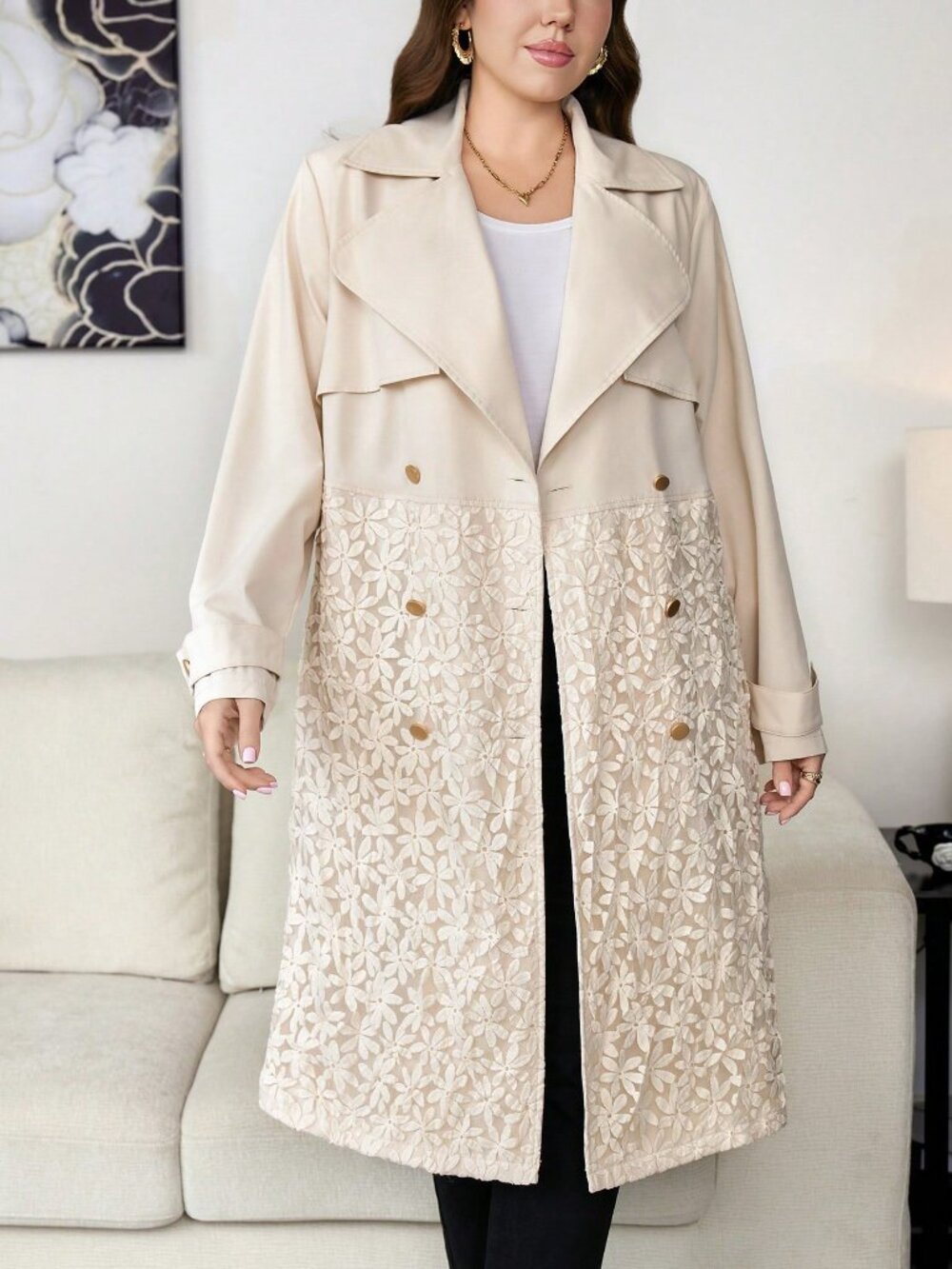 Apricot Casual Women's Elegant Plain Lapel Double-Breasted Trench Coat - Picture 5 of 7